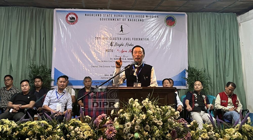 MLA Dr Sukhato A Sema addresses the gathering during the 4th Annual Conference of the Toti Kivi Cluster Level Federation (CLF) held at Town Hall, Pughoboto on June 5. (DIPR Photo)